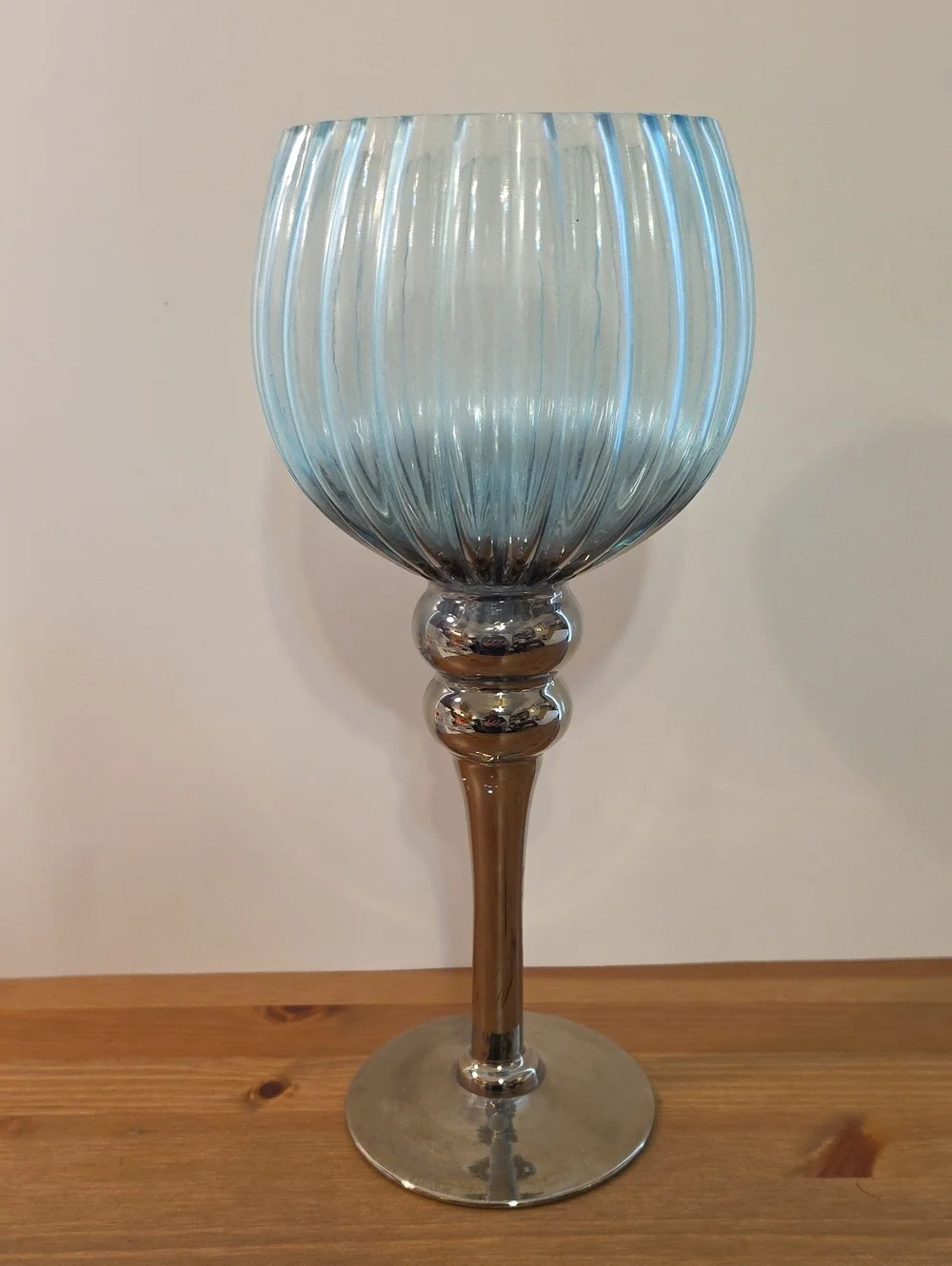 Ribbed Blue Glass Hurricane Candle Holder With Metallic Silver Stem